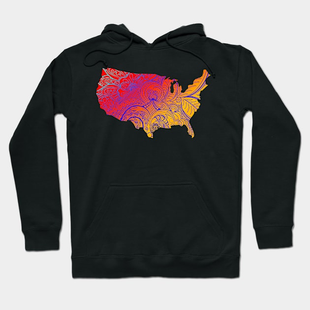 Colorful mandala art map of the United States of America in orange and red with blue Hoodie by Happy Citizen